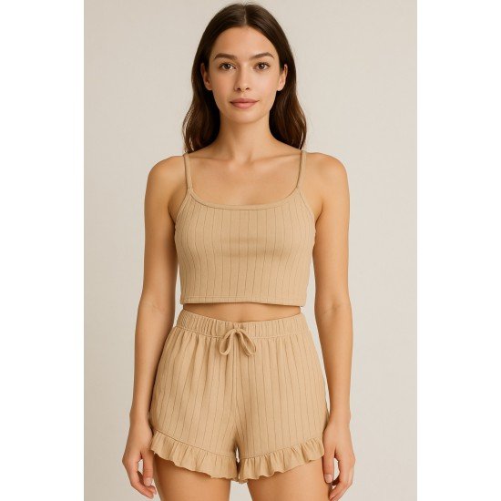 Crop Takım - Askılı Crop Takım Likralı Bej (XL)