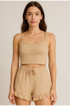 Crop Takım - Askılı Crop Takım Likralı Bej (L)