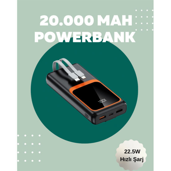 Dijital Ekranlı 20.000 mAh Powerbank | 22.5W Hızlı Şarj + Çoklu Bağlantı Seçeneği