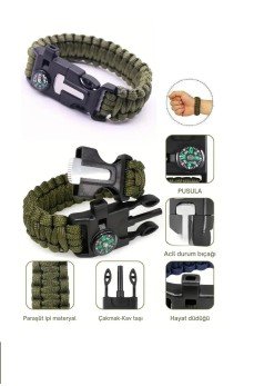 Düdük Çakı Pusula Çakmaktaşı Paraşüt İpi Hayatta Kalma Bilekliği