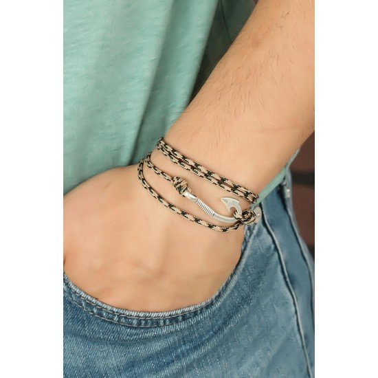 Krem Renk Çizgi Desenli Metal Kancalı Erkek Bileklik