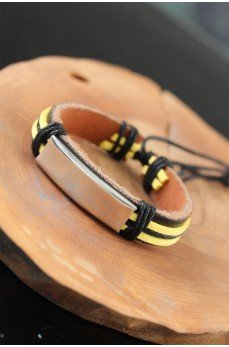 Metal Aksesuarlı Sarı Siyah Renk Deri Erkek Bileklik
