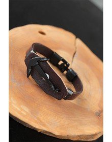 Siyah Deniz Çapalı Çelik Aksesuarlı Kahverengi Deri Erkek Bileklik