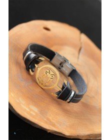 Gold Renk Baykuşlu Metal Aksesuarlı Siyah Renk Deri Erkek Bileklik