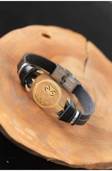 Gold Renk Baykuşlu Metal Aksesuarlı Siyah Renk Deri Erkek Bileklik