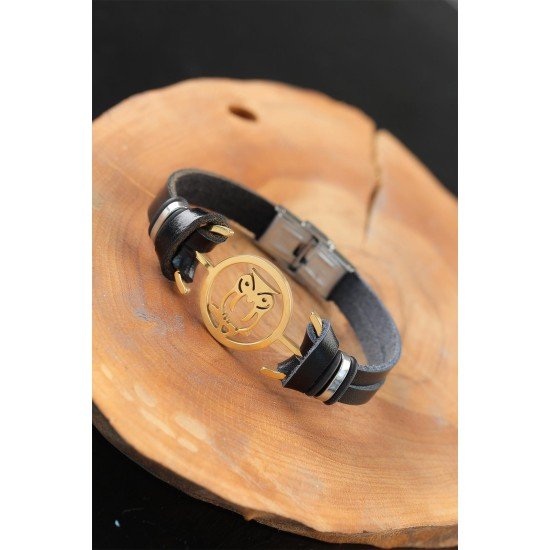 Gold Renk Baykuşlu Metal Aksesuarlı Siyah Renk Deri Erkek Bileklik