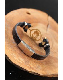Gold Renk Baykuşlu Metal Aksesuarlı Siyah Renk Deri Erkek Bileklik