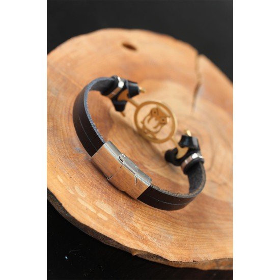 Gold Renk Baykuşlu Metal Aksesuarlı Siyah Renk Deri Erkek Bileklik