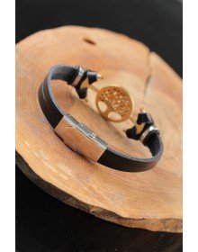 Gold Renk Metal Ağaçlı Tasarım Siyah Renk Deri Erkek Bileklik
