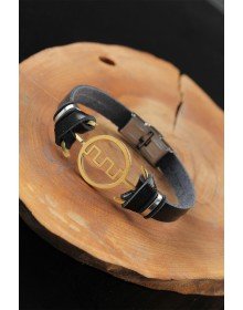 Gold Renk Metal Labirent Tasarım Siyah Renk Deri Erkek Bileklik