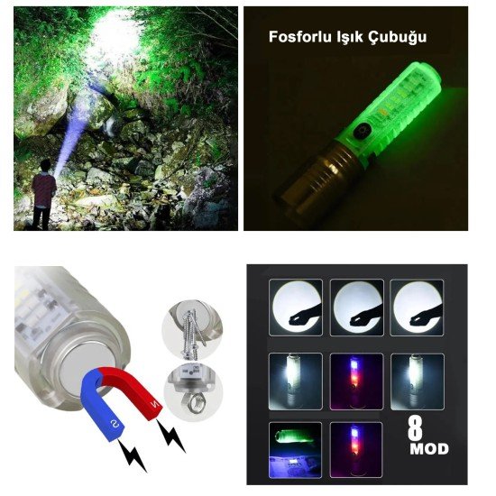 El Feneri 8 Mod Şarjlı Fosforlu Mıknatıslı Led El Feneri El Feneri 8 Mod Şarjlı Fosforlu Mıknatıslı Led El Feneri