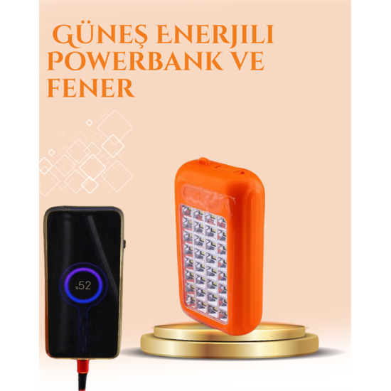 Gold Silver Güneş Enerjili Powerbank Işıldak – 10000 mAh, Taşınabilir, Suya Dayanıklı, 32 LED