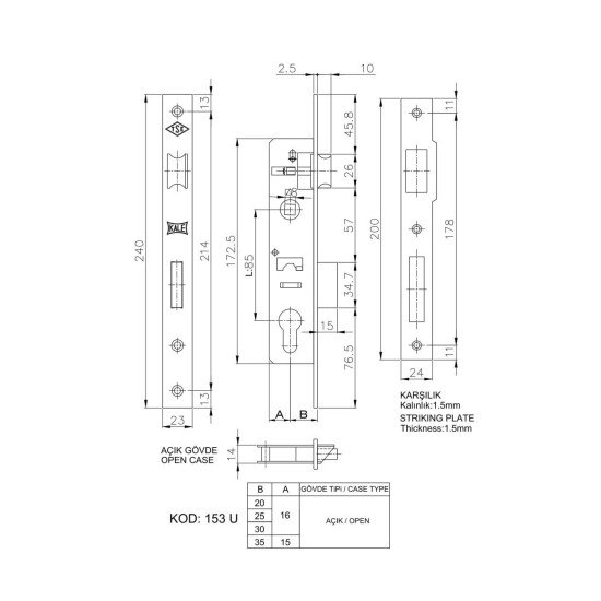 Kale 153 U 25 mm Dilli Silindirli Kilit Kale 153 U 25 mm Dilli Silindirli Kilit