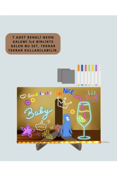 LED Işıklı Şeffaf Yazı Tahtası – Neon Etkili Akrilik Pano, Silinebilir, 7 Renkli Kalemli, 30x20 cm