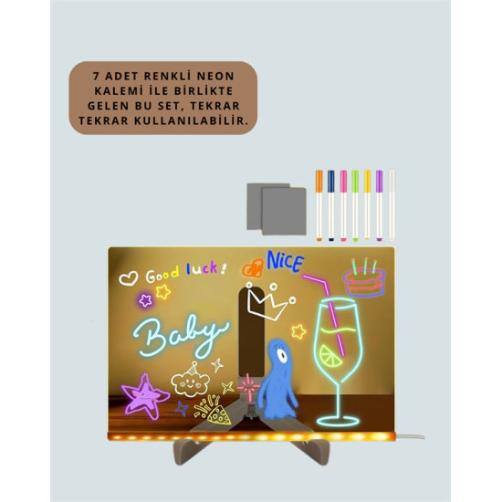 Dekoratif LED Yazı Tahtası – Silinebilir, Neon Kalemli, Planlama ve Hatırlatma İçin İdeal