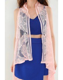 Pareo Dantel Yelek Mayo Bikini Üzeri Yaprak Desenli Püsküllü Plaj Elbisesi - Açık Pembe