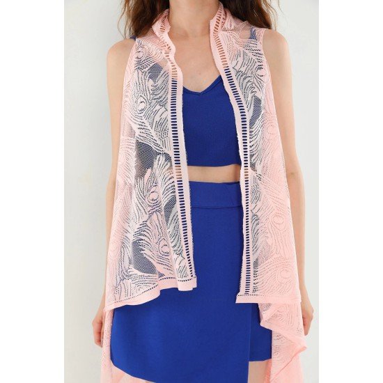 Pareo Dantel Yelek Mayo Bikini Üzeri Yaprak Desenli Püsküllü Plaj Elbisesi - Açık Pembe Pareo Dantel Yelek Mayo Bikini Üzeri Yaprak Desenli Püsküllü Plaj Elbisesi - Açık Pembe