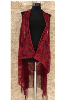 Pareo Dantel Yelek Mayo Bikini Üzeri Yaprak Desenli Püsküllü Plaj Elbisesi - Bordo