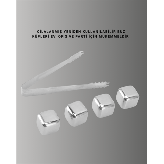 Yeniden Kullanılabilir 304 Çelik Metal Buz Küpleri 4'lü Set