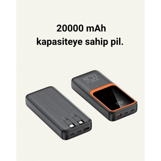 Powerbank 20000 mAh | 22.5W Hızlı Şarj, Dahili Kablolu, LCD Ekranlı Şarj Cihazı