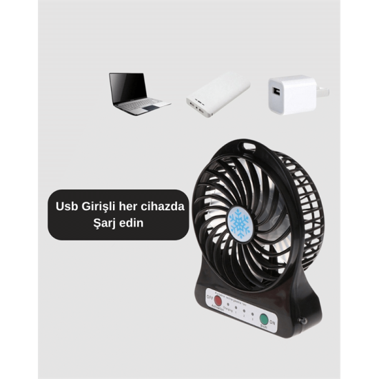Şarjlı USB Fan – Masaüstü Mini Vantilatör, Taşınabilir, Işıklı, 3 Kademeli, Sessiz