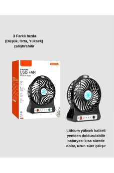 Şarjlı USB Fan – Masaüstü Mini Vantilatör, Taşınabilir, Işıklı, 3 Kademeli, Sessiz
