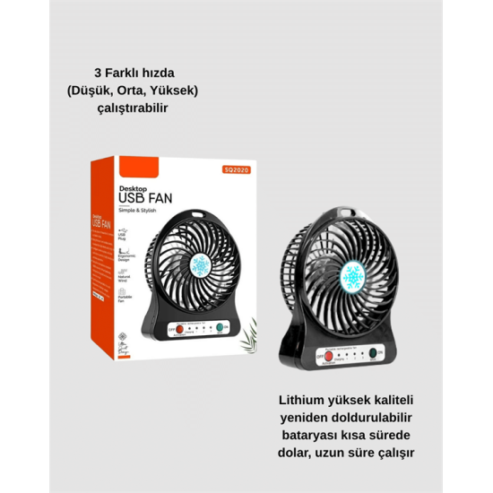 Şarjlı USB Fan – Masaüstü Mini Vantilatör, Taşınabilir, Işıklı, 3 Kademeli, Sessiz