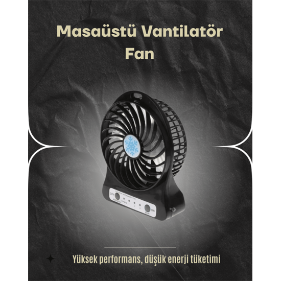 Şarjlı USB Fan – Masaüstü Mini Vantilatör, Taşınabilir, Işıklı, 3 Kademeli, Sessiz