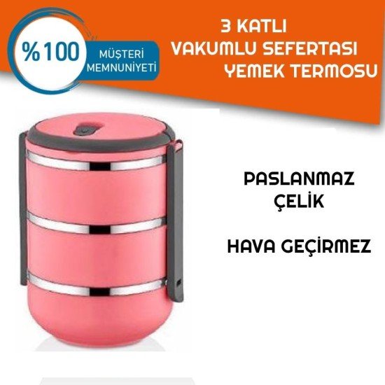 Sefer Tası Yemek Termosu Saklama Kabı Termosu 3lü - Pembe Sefer Tası Yemek Termosu Saklama Kabı Termosu 3lü - Pembe