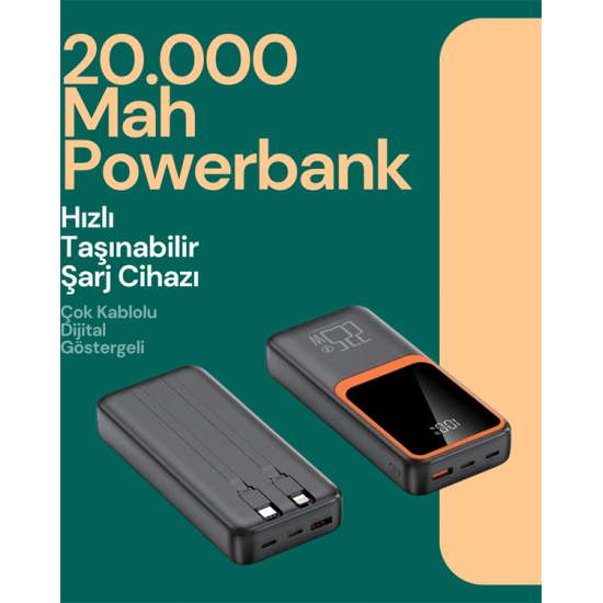 Taşınabilir Şarj Cihazı 20000 mAh | 22.5W Hızlı Şarj + Dijital Ekran + Kablo Dahil