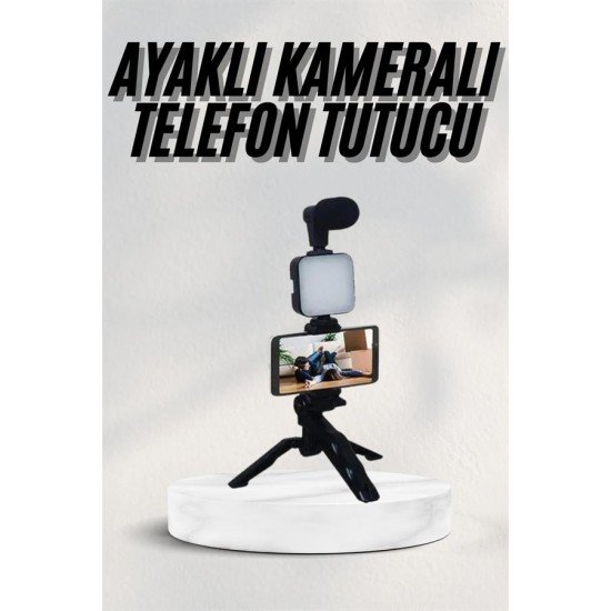 Telefon Tutucu Led Işıklı Kumandalı Mikrofon Telefon Vlog Video Kayıt
