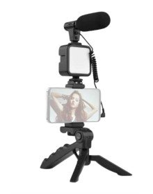 Tripod Telefon Tutucu Kumandalı Mikrofon Led Işık Vlog Video Kayıt
