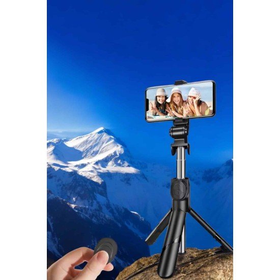 Selfie Çubuğu Tripod Kumandalı Telefon Tutucu Siyah