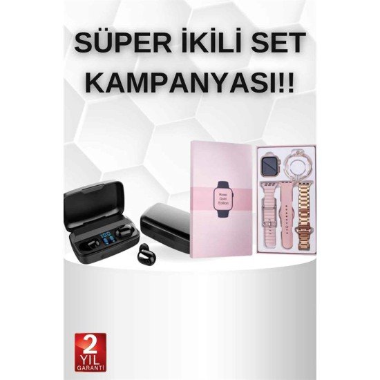 Wireless Şarjlı Pembe Akıllı Saat ve Kablosuz Bluetooth Kulaklık Dokunmatik Kontrol Wireless Şarjlı Pembe Akıllı Saat ve Kablosuz Bluetooth Kulaklık Dokunmatik Kontrol