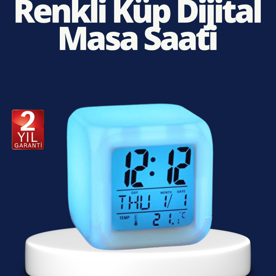 Digital Cube Table Clock with Color Changing LED Alarm