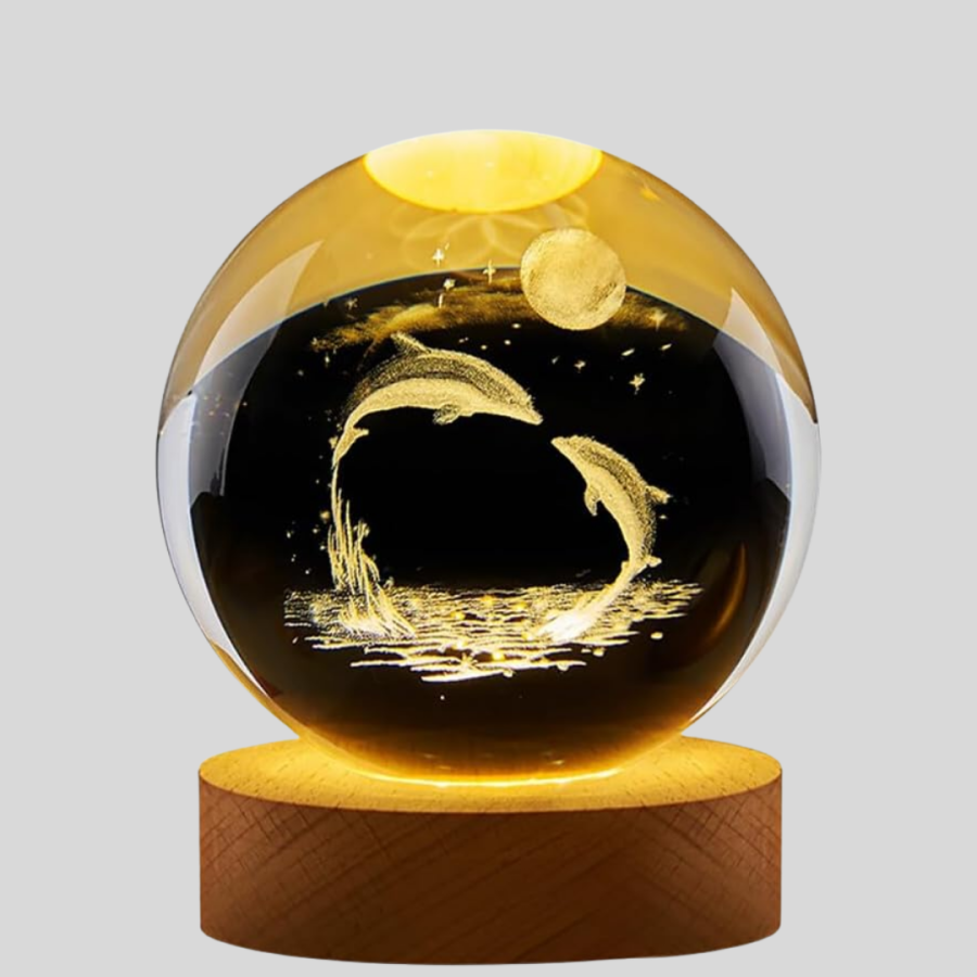 Dolphin Themed Crystal Ball USB Lighted Night Lamp with Wooden Base
