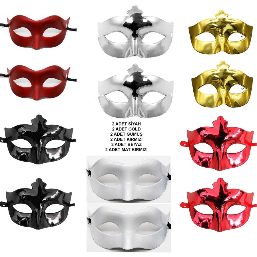 Set of 12 Colorful Party Masks – Black, Gold, Silver, Red, White, Matte Red