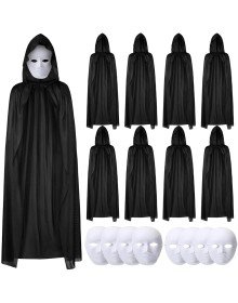 120 cm Black Hooded Cloak and Paintable Cardboard Mask Set of 8