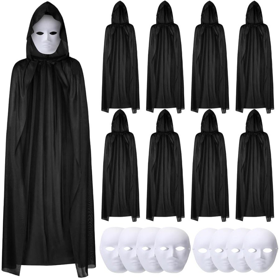 120 cm Black Hooded Cloak and Paintable Cardboard Mask Set of 8 120 cm Black Hooded Cloak and Paintable Cardboard Mask Set of 8