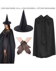 120 cm Black Collar Witch Cloak Witch Hat and 1 Pair Black Short Fishnet Whole Glove Set 3 Pieces 120 cm Black Collar Witch Cloak Witch Hat and 1 Pair Black Short Fishnet Whole Glove Set 3 Pieces