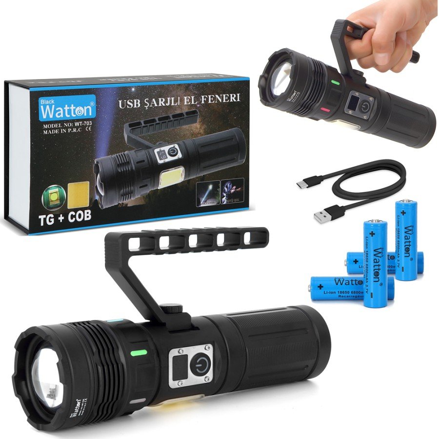 15,000 LUMENS TG+COB LED RECHARGEABLE FLASHLIGHT WATTON WT-703