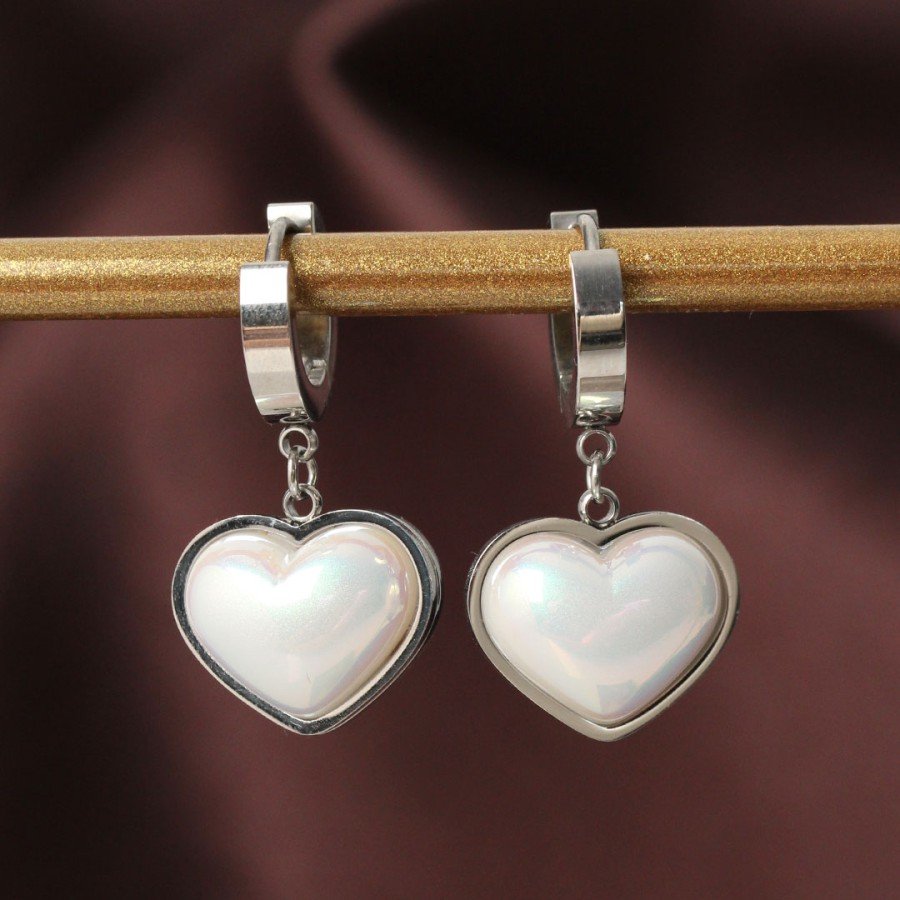 316L Steel Silver Color White Dome Heart Earrings