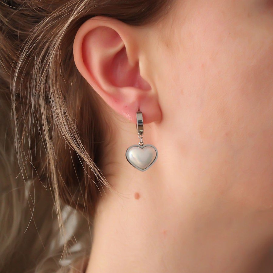 316L Steel Silver Color White Dome Heart Earrings