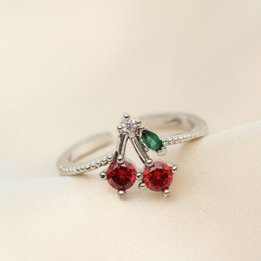 Adjustable Silver Color Crystal Stone Cherry Ring