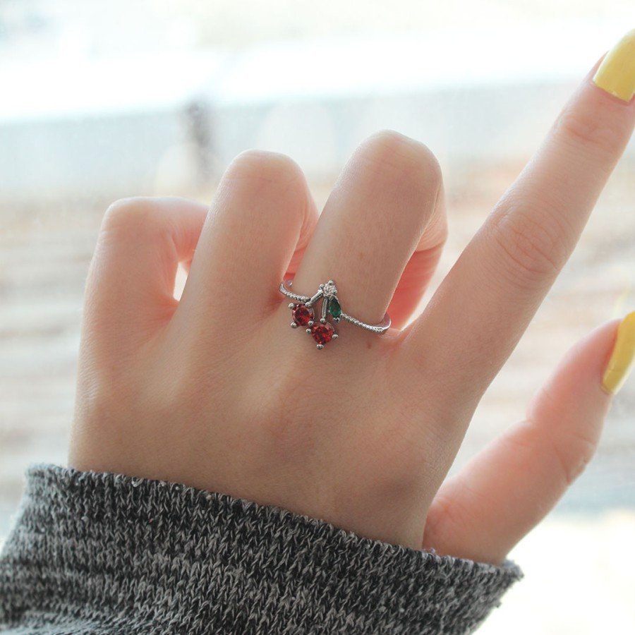 Adjustable Silver Color Crystal Stone Cherry Ring