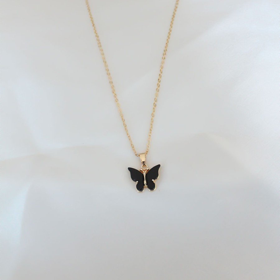 Gold Plated Black Colored Pearlescent Butterfly Necklace Gold Plated Black Colored Pearlescent Butterfly Necklace