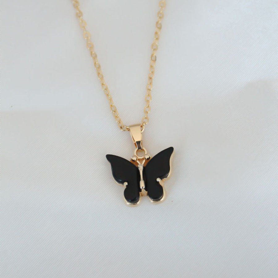 Gold Plated Black Colored Pearlescent Butterfly Necklace Gold Plated Black Colored Pearlescent Butterfly Necklace