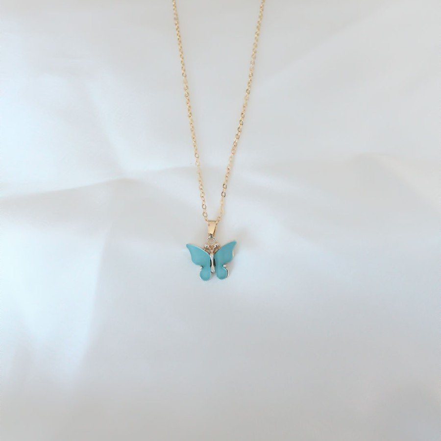 Gold Plated Turquoise Color Pearlescent Butterfly Necklace