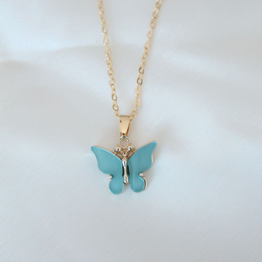 Gold Plated Turquoise Color Pearlescent Butterfly Necklace