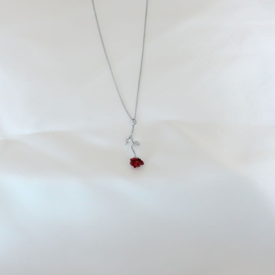 Silver Plated Red Rose Figured Women s Necklace